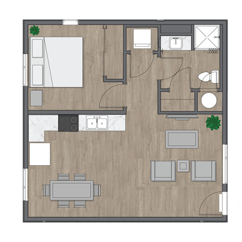 Floor plan for 1 bed, 1 bath, 610 sqft
